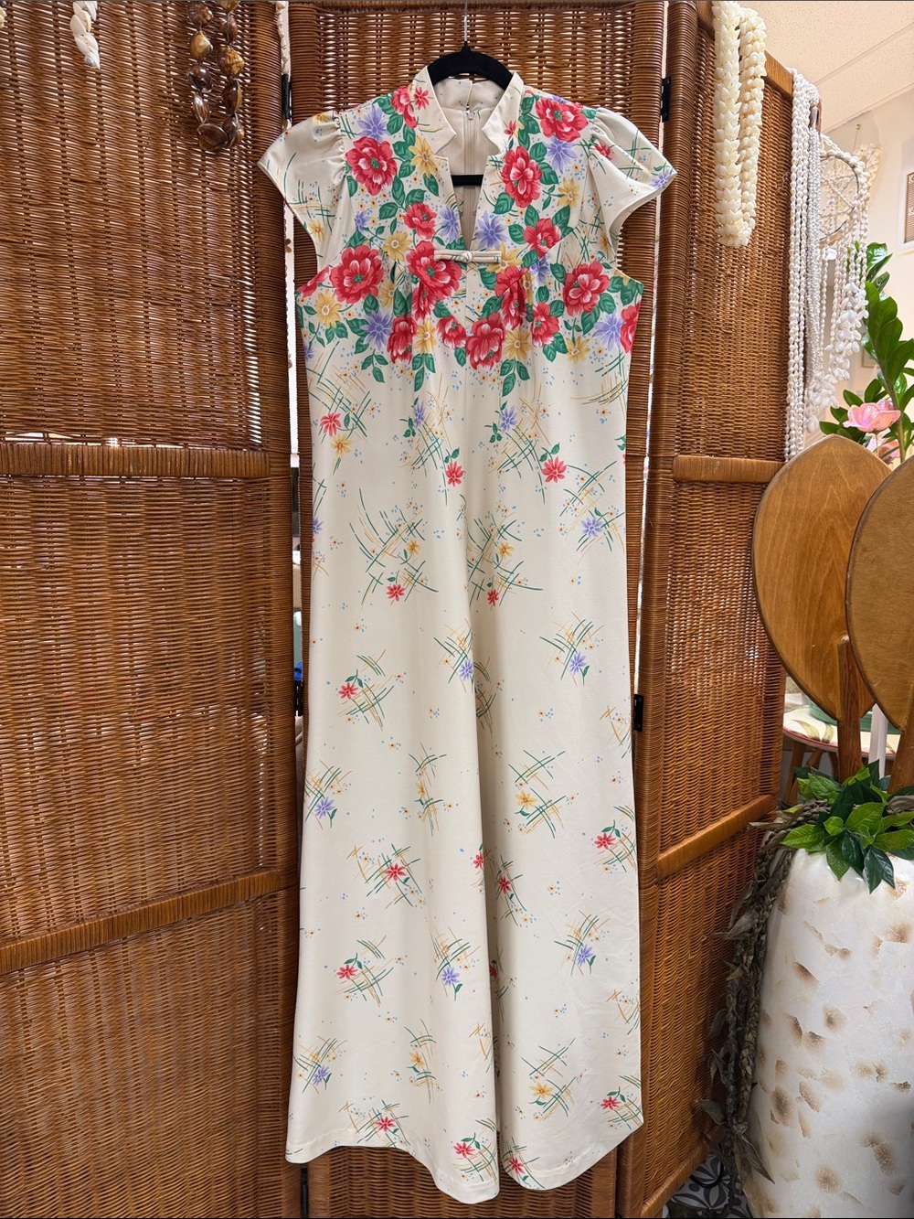 Vintage Sidan Hawai’i Cream Floral Maxi Dress with Pink Rose Bodice